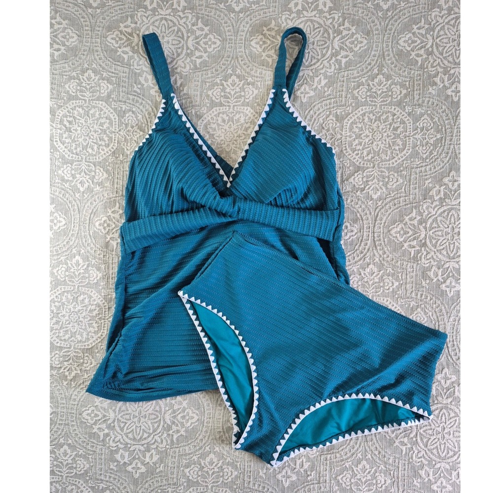 Daci Teal Ribbed Ric Rac Trim Tankini Set High Waisted Swimsuit XL New